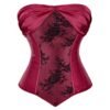 Elegant burgundy plus size corset top for women with floral lace detailing and sweetheart neckline