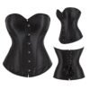 Elegant black satin corset top for women with front buttons and lace-up back detail