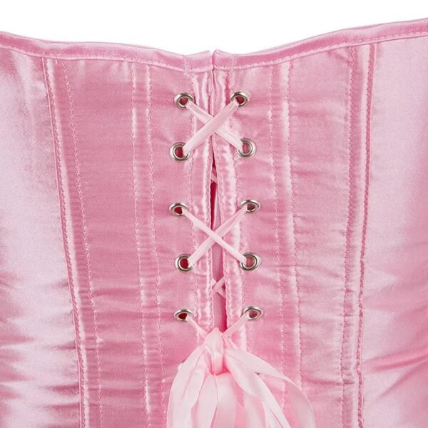Satin Corset Top For Women In Pink 11 Satin Corset Top For Women In Pink Close-up of a pink satin corset top for women showing lace-up back detail and shiny fabric
