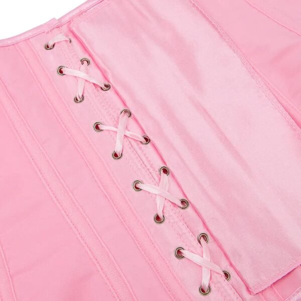 Satin Corset Top For Women In Pink 12 Satin Corset Top For Women In Pink Close-up of the pink satin corset top for women showcasing lacing and elegant fabric detail