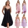 Satin lace nightdress for women in black, pink, purple colors with delicate lace detailing and adjustable straps