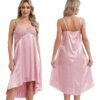 Pink satin lace nightdress for women with adjustable straps and a flowy design