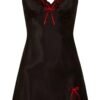 LuckeLadybug LLC Satin Night Dress for Women in Black with Red Lace Trim and Adjustable Straps
