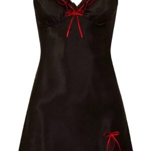 LuckeLadybug LLC Satin Night Dress for Women in Black with Red Lace Trim and Adjustable Straps