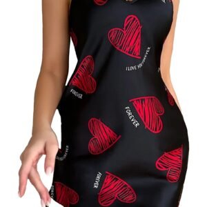 LuckeLadybug LLC Satin slip nightdress for women in black with red heart print, perfect for a romantic night