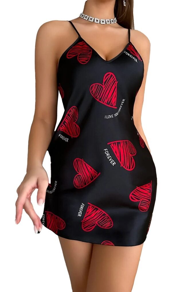 Satin Slip Nightdress For Women Heart Print 13 Satin Slip Nightdress For Women Heart Print LuckeLadybug LLC Satin slip nightdress for women in black with red heart print, perfect for a romantic night