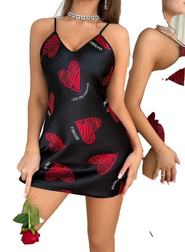 Satin Slip Nightdress For Women Heart Print 14 Satin Slip Nightdress For Women Heart Print LuckeLadybug satin slip nightdress for women with red heart patterns, perfect for romantic evenings