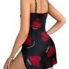 Black satin slip nightdress for women with red heart patterns, perfect for romantic evenings