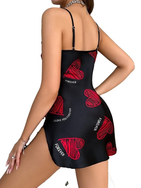 Satin Slip Nightdress For Women Heart Print 15 Satin Slip Nightdress For Women Heart Print Black satin slip nightdress for women with red heart patterns, perfect for romantic evenings