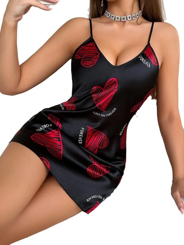 Satin Slip Nightdress For Women Heart Print 18 Satin Slip Nightdress For Women Heart Print LuckeLadybug satin slip nightdress for women featuring a black design with red heart prints