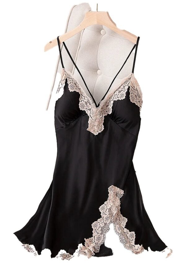 LuckeLadybug LLC satin spaghetti strap nightgown with lace trim in black for a romantic nightwear option