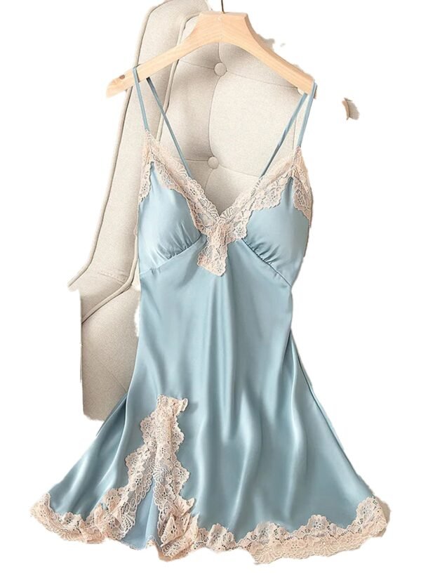 LuckeLadybug LLC satin spaghetti strap nightgown in light blue with delicate lace trim