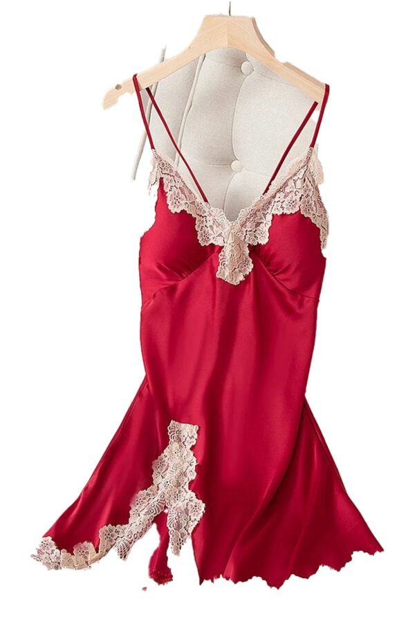 Red satin spaghetti strap nightgown with elegant lace detailing for a luxurious sleep experience