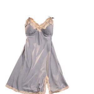 Satin suspender nightdress for women in light gray with delicate lace trim and adjustable straps