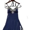 Navy satin suspender nightdress for women with elegant lace trim and adjustable straps