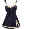 Elegant satin suspender nightdress for women with lace trim and adjustable straps in dark blue