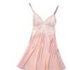 LuckeLadybug LLC satin suspender nightdress for women in soft pink with lace detailing
