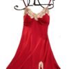 Red satin suspender nightdress for women with lace trim and adjustable straps