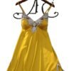 Yellow satin suspender nightdress for women featuring lace details and a flirtatious cut