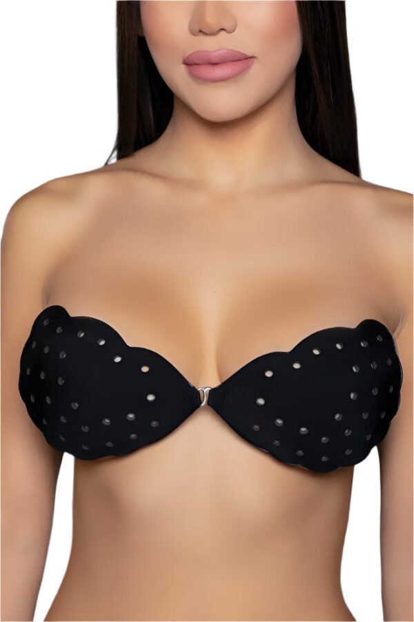 Scalloped Edge Adhesive Bra With Polka Dots 13 Scalloped Edge Adhesive Bra With Polka Dots LuckeLadybug LLC black scalloped edge adhesive bra with polka dot design worn by model