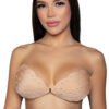 LuckeLadybug LLC scalloped edge adhesive bra in nude worn by a model with smooth skin