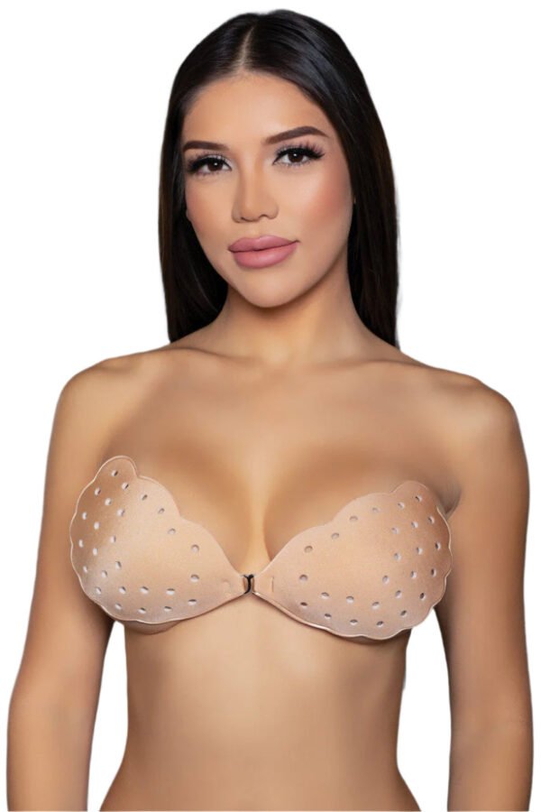 Scalloped Edge Adhesive Bra With Polka Dots 14 Scalloped Edge Adhesive Bra With Polka Dots LuckeLadybug LLC scalloped edge adhesive bra in nude worn by a model with smooth skin
