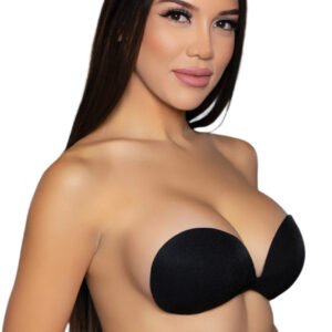 Woman wearing black LuckeLadybug LLC seamless adhesive bra with smooth, strapless design