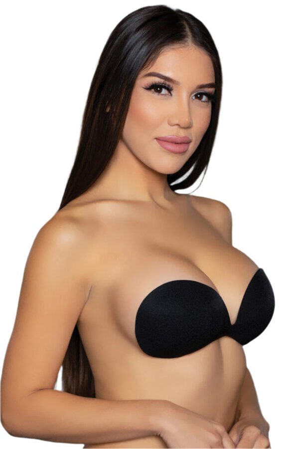 Woman wearing black LuckeLadybug LLC seamless adhesive bra with smooth, strapless design