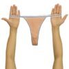 LuckeLadybug seamless thong for women in tan with black trim held up to show design and material