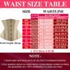 Size chart for LuckeLadybug sexy adjustable corset bustier showing waist sizes and measurements