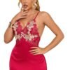 Red satin sexy babydoll nightgown for women with lace details and adjustable straps