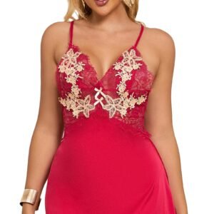 Red sexy babydoll nightgown for women with lace details and adjustable straps