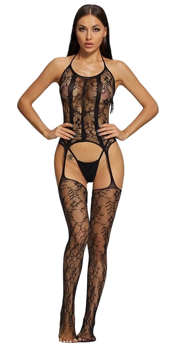 Sexy Black Fishnet Bodysuit For Women 3 Sexy Black Fishnet Bodysuit For Women Sexy black fishnet bodysuit with lace detailing and cut-out design for a bold look