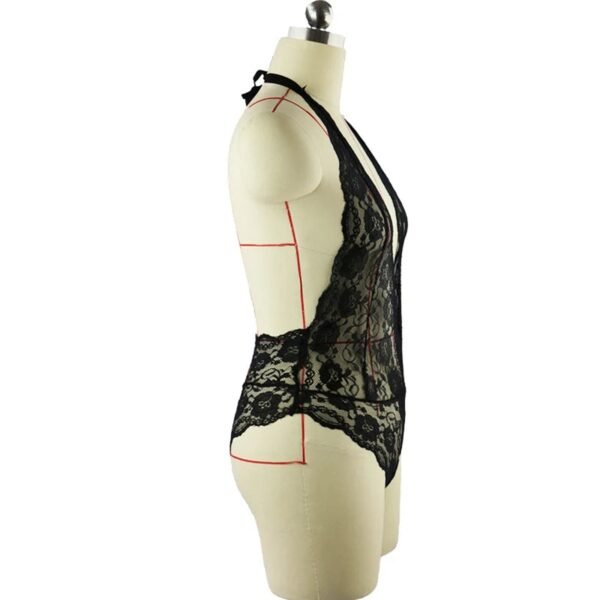 LuckeLadybug Sexy Black Lace Teddy Lingerie for Allure 5 LuckeLadybug Sexy Black Lace Teddy Lingerie for Allure Sexy black lace teddy lingerie showcasing intricate lace design and flattering cut on a dress form