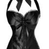 Elegant black sexy corset top for women with satin finish and bow details for a flattering silhouette