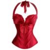 Red satin sexy corset top for women with ribbon detailing and adjustable straps