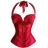 Red Satin Sexy Corset Top for Women with Halter Neck and Bow Detail