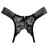 Black lace sexy crotchless thongs for women with floral details and a bow accent
