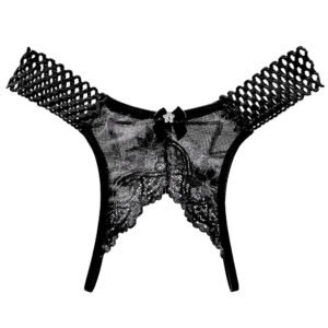 Elegant black lace sexy crotchless thongs for women with intricate design and bow detail