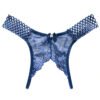 Navy blue sexy crotchless thongs for women with lace details and a bow accent for a playful look