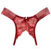 Red lace sexy crotchless thongs for women with decorative bow and detailed cutout design