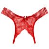 Red sexy crotchless thongs for women with intricate lace detailing and cute bow accent