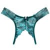 LuckeLadybug sexy crotchless thongs for women in teal with lace and bow details