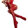 Seductive red sexy fishnet bodystocking for women with open design and floral lace accents