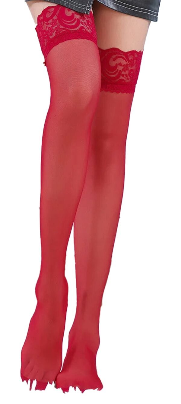 Sexy floral lace thigh high stockings in red, perfect for enhancing romantic outfits and special occasions