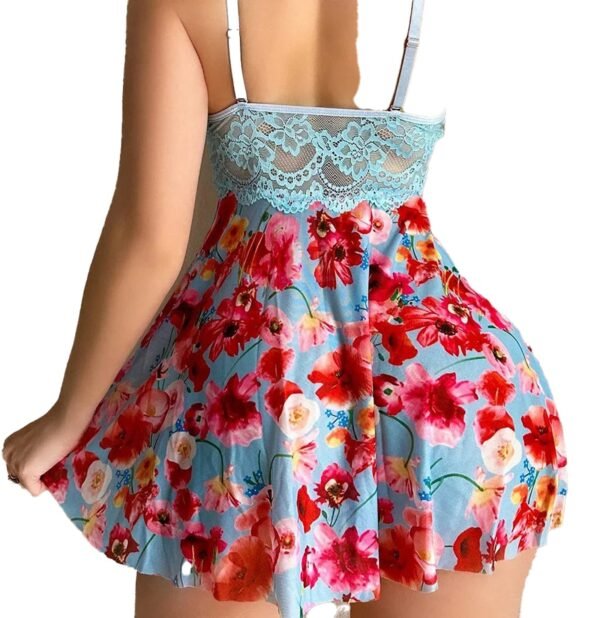 Sexy floral nightgown for women with a lace bodice and vibrant floral print in blue