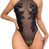 Sexy Lace Bodysuit For Women Floral Design 3 Sexy Lace Bodysuit For Women Floral Design Black sexy lace bodysuit for women with floral embroidery and a high neckline design