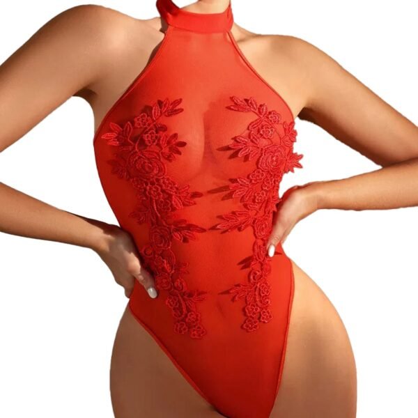 Sexy Lace Bodysuit For Women Floral Design 6 Sexy Lace Bodysuit For Women Floral Design Red sexy lace bodysuit for women with floral embroidery and halter neck design