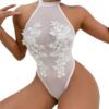 Elegant white sexy lace bodysuit for women featuring floral embroidery and a halter neck design