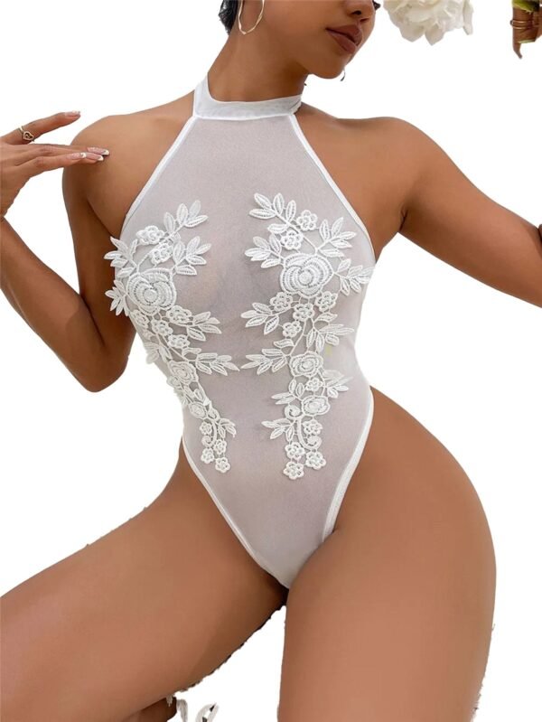 Sexy Lace Bodysuit For Women Floral Design 8 Sexy Lace Bodysuit For Women Floral Design Elegant white sexy lace bodysuit for women featuring floral embroidery and a halter neck design